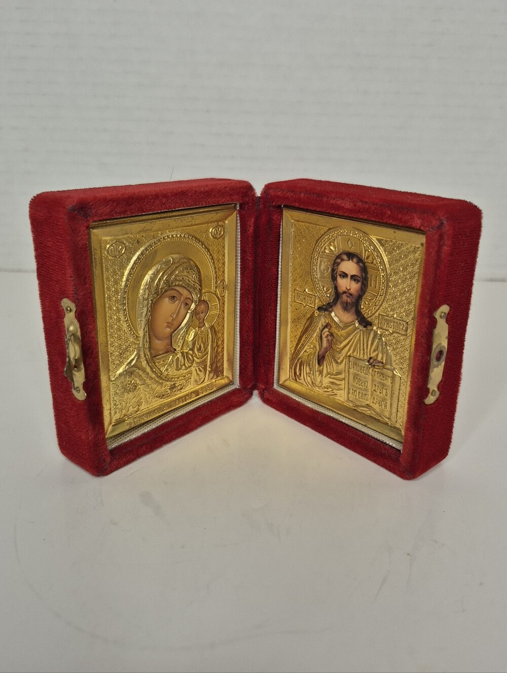 Orthodox Travel Diptych Icon Set Virgin of Kazan and Jesus the Teacher in Gold